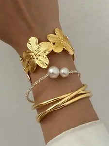Women's Chunky Imitation Pearl Bracelet Set, Simple Fashion Design, Perfect Gift for Women & Girls, Ideal for Daily Wear & Special Occasions, Trendy Stack Bangle