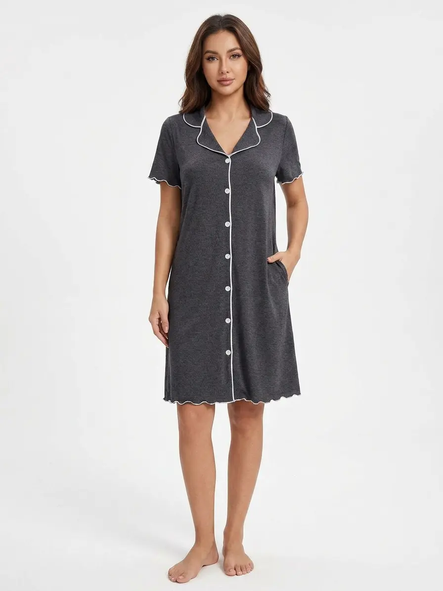 Women's Button-Front Short-Sleeve Nightgown - Soft Comfy Henley Sleep Dress with Pockets, Loose Fit Knee-Length Loungewear House Dress