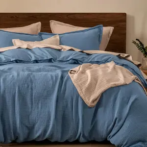 Cotton Muslin Duvet Cover  Size, 3-Layer Guaze Ultra Soft Breathable Textured Linen Like, 3 count Bedding Comforter Cover for All Season,Duvet Set with 2 Pillow Shams,90"x90",Captain's Blue