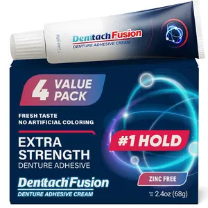 Denttach Fusion Denture Adhesive, (Pack of 4) 2.4 Ounce, Ultra Strong Hold and Seal, Dental Adhesive Cream for Dentures and Partials, Zinc Free Denture Glue