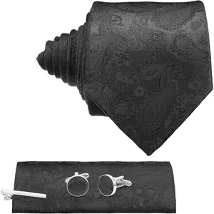 Ties for Men, Men's Paisley Tie Set Formal Necktie with Pocket Square Tie Clip Cufflinks Black Polyester Matching Suit Accessories