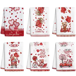 6pcs Valentine's Day Kitchen Towel Set - Red Heart and Love Quote Design, Soft Polyester Material, Machine Washable, Ideal for Anniversary Gifts, Valentine's Gifts, Kitchen Towels, Bathroom Hand Towels, Durable Fabric