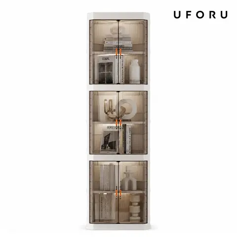 UFORU Plastic 3-Tier Corner Shelf - Foldable, Stackable, Expandable Dust-Free Home Supplies Closet Organizer System with Rounded Comfortable Grip, Compartmentalized Storage Boxes for Bedroom Closet