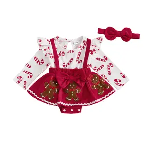 Kids Toddler Baby Girls Christmas Romper Dress Gingerbread Embroidery Candy Cane Long Sleeves Jumpsuits and Cute Headband