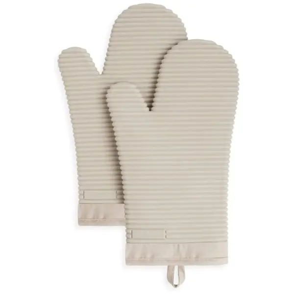 Ribbed Soft Silicone Oven Mitts – 2-Pack Heat Resistant Kitchen Gloves, Non-Slip Grip, Quilted Cotton Lining, Extra Long 7.5" x 13", Milkshake Color