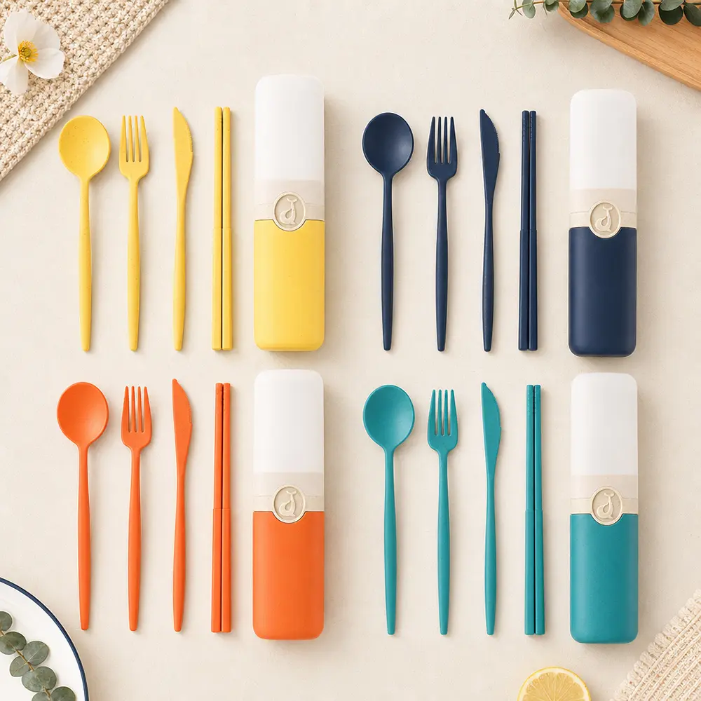 4 Sets Compact Wheat Straw Reusable Travel Utensils with Case - Outdoor Portable Cutlery Including Chopsticks, Knife, Fork, Spoon, Lunch Box Accessories for Daily Use, Camping,familyfun