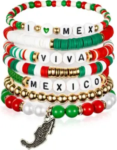 Y1tvei Viva Mexico Bracelet Set - 7Pcs Mexican Viva Crocodile Charm Clay Beaded Stretch Chains Freedom Day Inspiration Favors Gift 16th September Jewelry Supplies for Dia De La Independence Party
