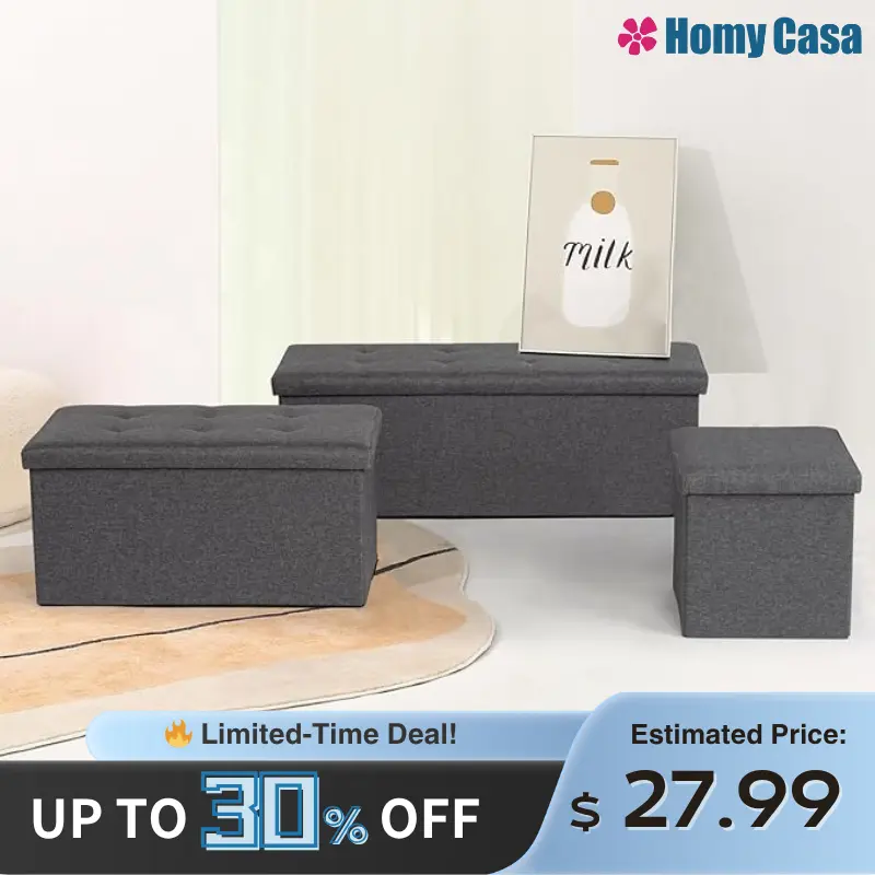 Homy Casa Elga Storage Ottoman Bench Foldable Upholstered Foot Rest Coffee Table 43 Inches Grey Folding for Living Room, Bedroom, Entryway Seater Organizing Lounge Aesthetic Comfy