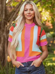 Color Block Eyelet Casual Sweater T Shirt, It’s Elegant With A Crew Neck and Modest Fit Style.