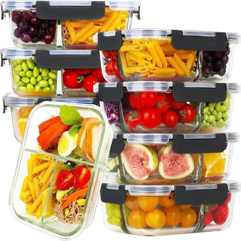 5-Pack Glass Meal Prep Containers with 3 Compartments, Glass Food Storage Containers with Lids, Airtight Lunch Bento Boxes, BPA-Free & Leak-Proof, Portion Control Containers