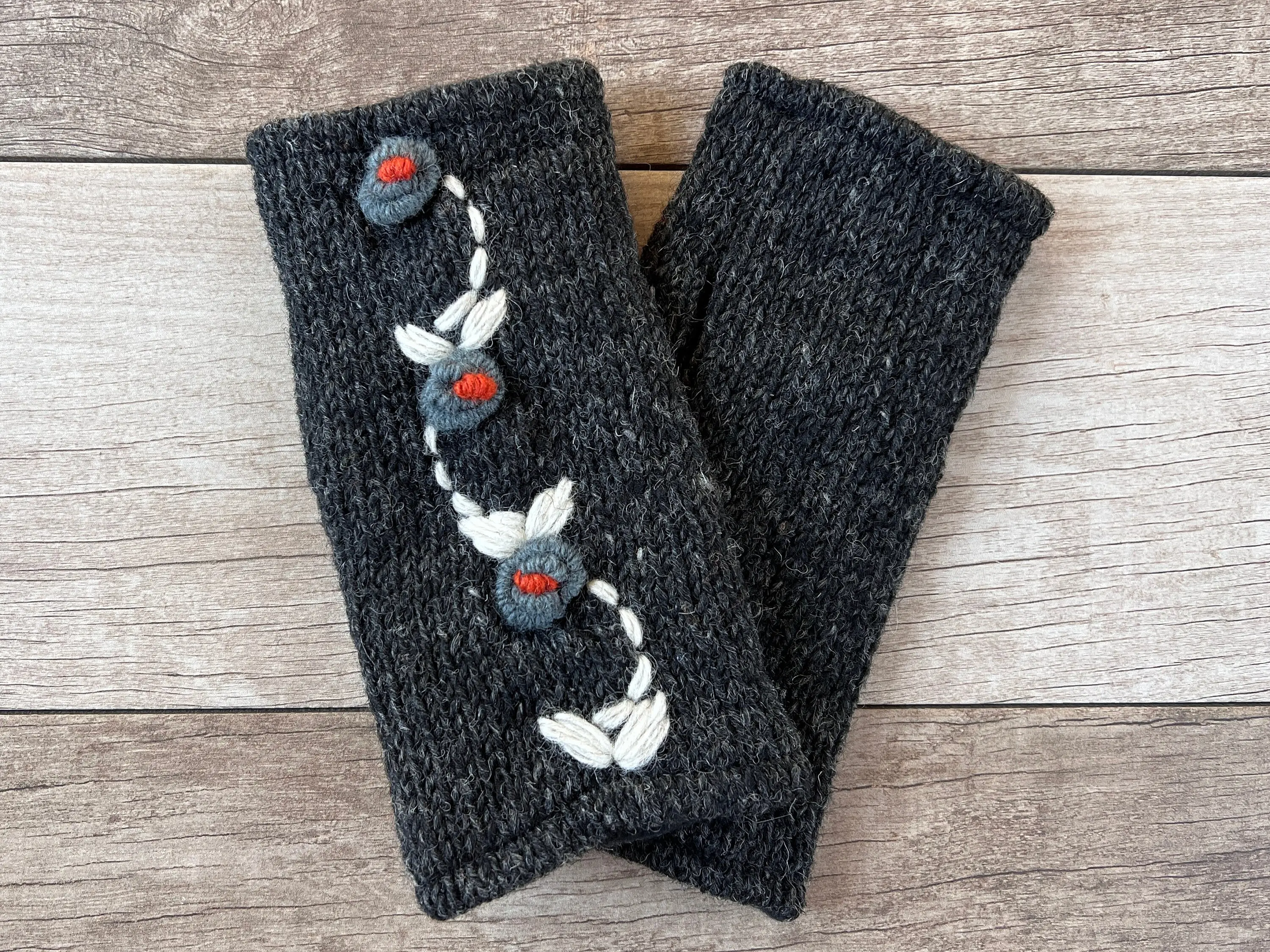Hand Knit Charcoal Gray Embroidered Flower Fingerless Gloves Wool Texting Mittens Fleece Lined Womens Birthday Christmas Gift