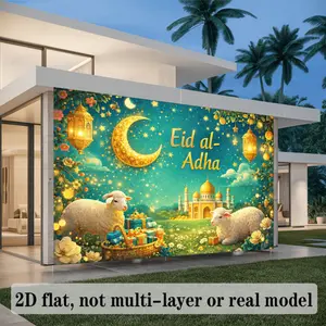 1PC 2D Flat Backdrop, Eid al-Adha Decorative Background Cloth with Moon, Lanterns, Sheep, Mosque & Gifts, Ideal for Celebration Decoration, Ornaments, Room Decorations, Home Supplies & Festive Party Backdrops