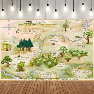 2D Flat Banner, Hundred Acre Wood Map Background Cloth, Forest Animal Bear Background, Birthday Party Decoration Supplies, Wedding Party Backdrop, Party Decorations Banners