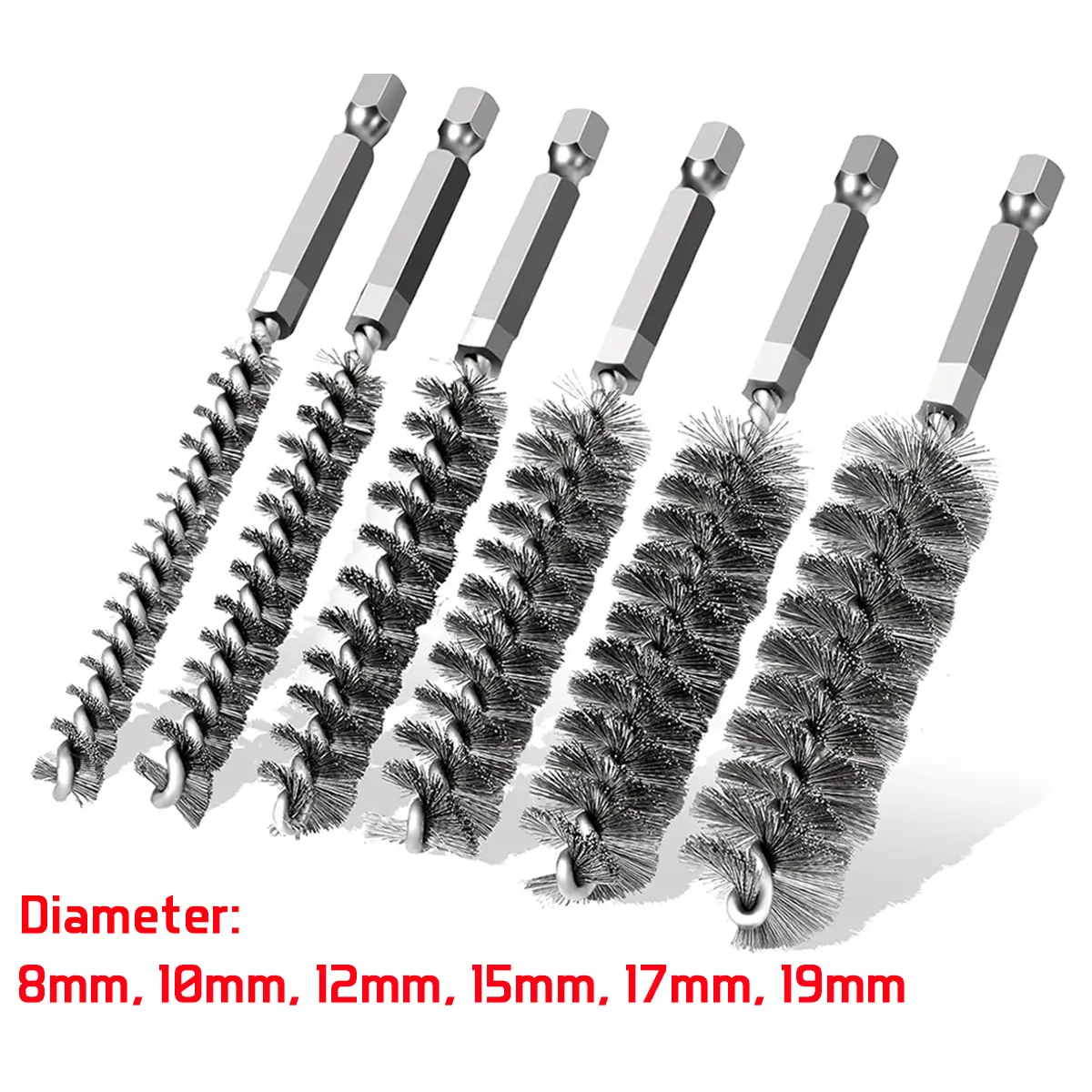 Stainless Steel Bore Cleaning Wire Brush Toolkit, 6-Piece Twisted Wire Set with 1/4in Hex Shank, 4in Mount, 8-19mm Multi-Sizes, 600 RPM, Rust Removal, Automotive Power Drill Compatible
