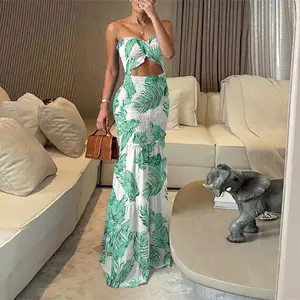 GlamNow Women‘s Smocked Maxi Dress Tropical Floral Print Ruched Bandeau Cutout Ruffle Hem Mermaid Dress, Slimming Summer Vacation Outfit For Beach