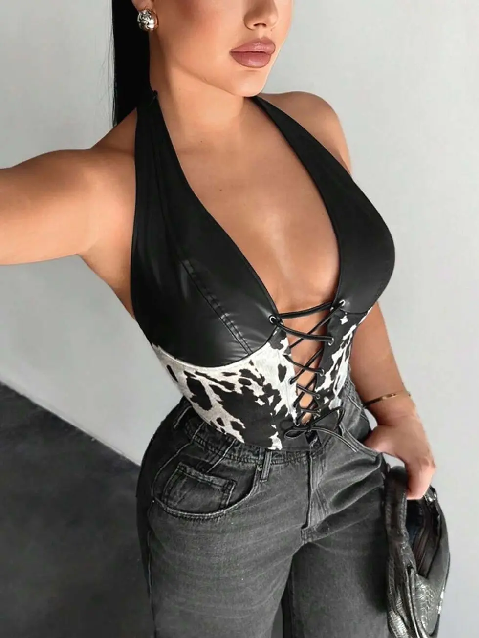 Women's Dark Brown Leopard Halter Corset Top | Leather Patchwork Cheetah Print Fitted Top | Summer Y2K Techno Rave Club Night Concert Festival Party Going Out Top for Women