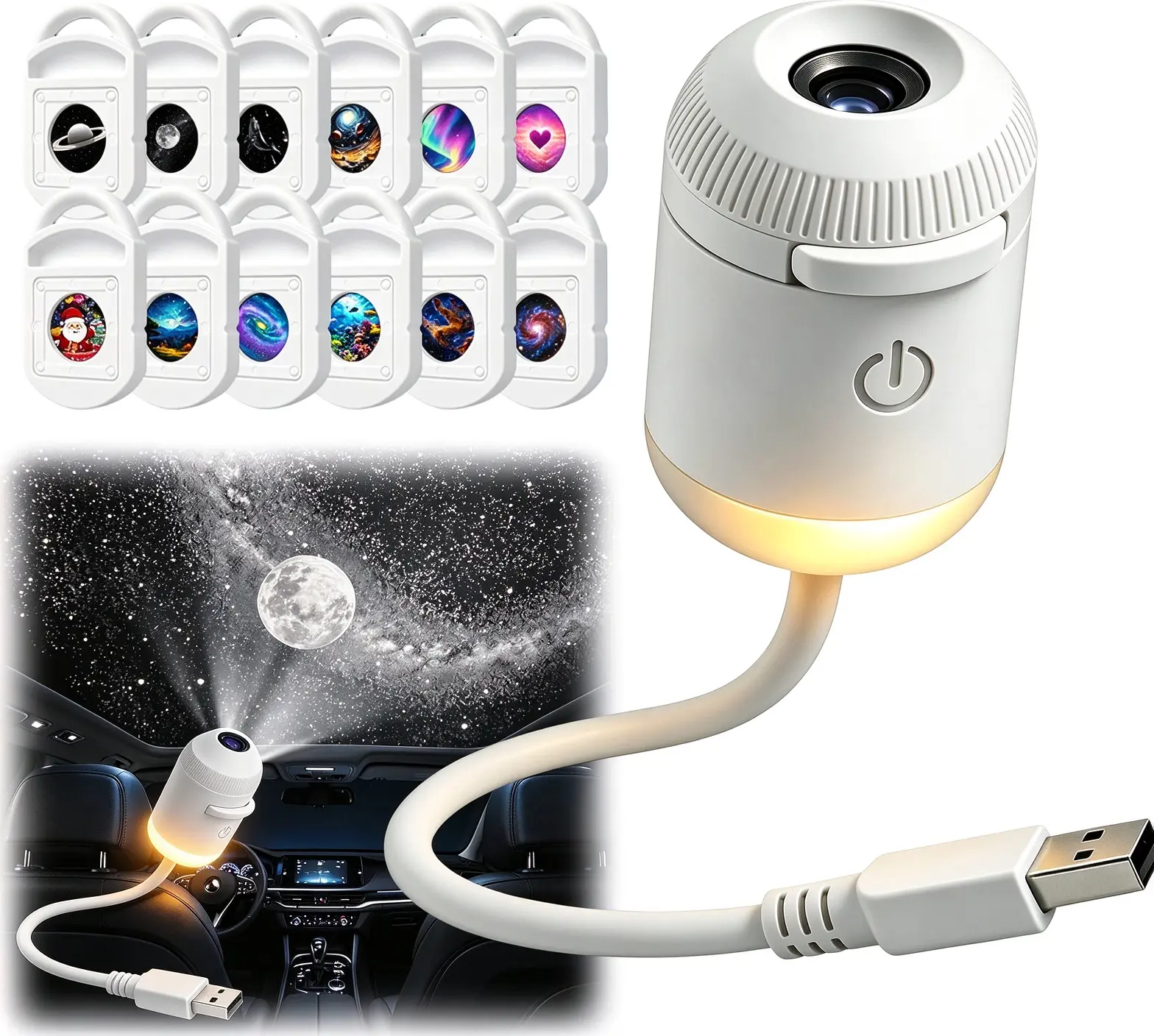2-in-1 Galaxy Star Projector Night Light with 12 Interchangeable Lens Designs - USB Power Bedtime Relaxation Lamp for Bedroom - Cool Birthday Halloween Christmas Gift for Kids Adults