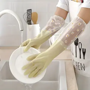 2 pairs Long Sleeve Floral Rubber Gloves - Reusable, Soft and Flexible - Multi-Purpose for Dishwashing, Kitchen, Oven, Pet Cleaning