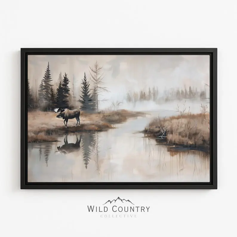 Moose Wall Art Rustic Nursery Art Moose Vintage Cabin Decor Wildlife Poster Unframed  Forest Painting Cabin Wall Decor Wilderness Artwork
