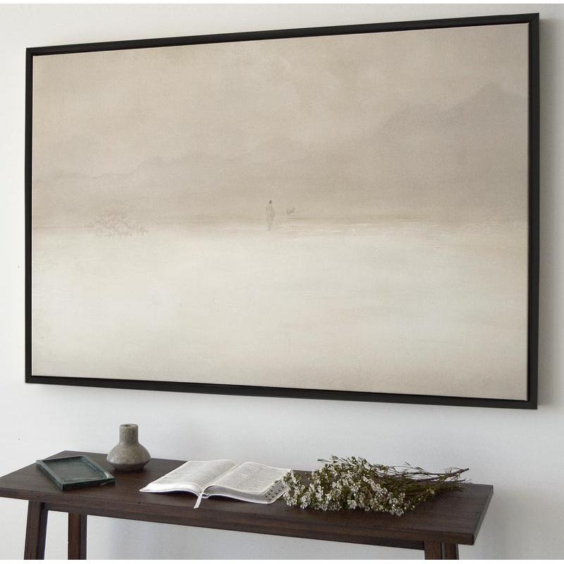 Premium Canvas: "Jesus Leaves the 99" Horizontal Sketch Bible Christian Faith Art. Features Beige, White, and Neutral Tones. Depicts the Lost Sheep and the Shepherd. Without Frame