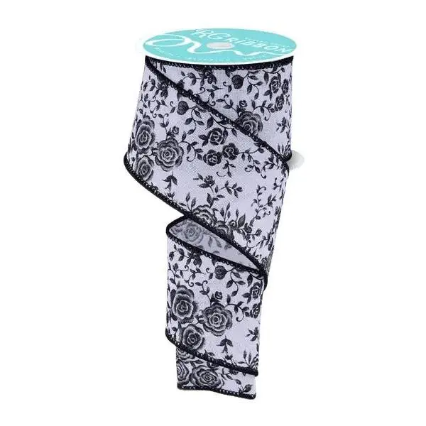 2.5" x 10yd Mini Rose Ribbon – White/Black