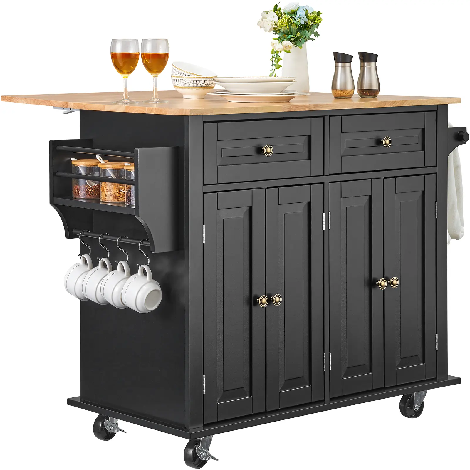 【summerfinds】VEVOR 43" Wood Top Mobile Kitchen Island Cart, Freestanding Kitchen Cupboard with Drop Leaf, Storage Cabinet, Spice Rack, Towel Bar, Adjustable Shelf, Drawer, Hooks, Sturdy Rolling Table for Dining Room, Portable, Assembly Required, Black, Ca