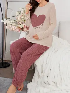 Underwear&Sleepwear Maternity Contrast Color Heart & Letter Embroidered Fleece Long Sleeve And Pants Maternity Pajamas Set, Autumn/Winter