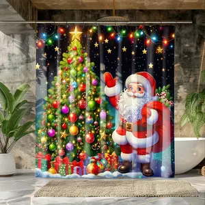 1pc  Merry Christmas Shower Curtain - Santa Claus & Christmas Tree Design with Snowflakes, Red & Green Holiday Decor, Durable Polyester Fabric, Christmas Bathroom Decor | Cheerful Festive Design | Easy Hang Grommets, Christmas Bathroom Decorations