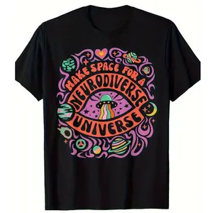 200g Men's Fashion Trend Cotton Crew Neck Short Sleeve T-Shirt for Neurodevelopmental Disorders ADHD and Autism Awareness - Soft Cotton, Vivid UFO and Star Print, Unisex Casual Crew Neck T-Shirt - Machine Washable, Comfortable Fit for All Seasons, Autism
