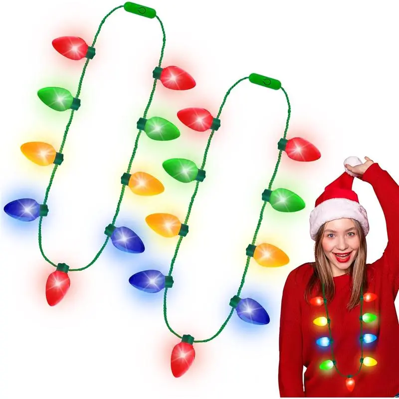 Christmas Party Favors, 2PCS Light Up Christmas Necklace, 3 Modes Christmas Necklace, LED Christmas Accessories for Kids Red Yellow Blue Green Bulbs Glow Necklaces New Year Ugly Sweater Party Set Decor Ornaments Decoration