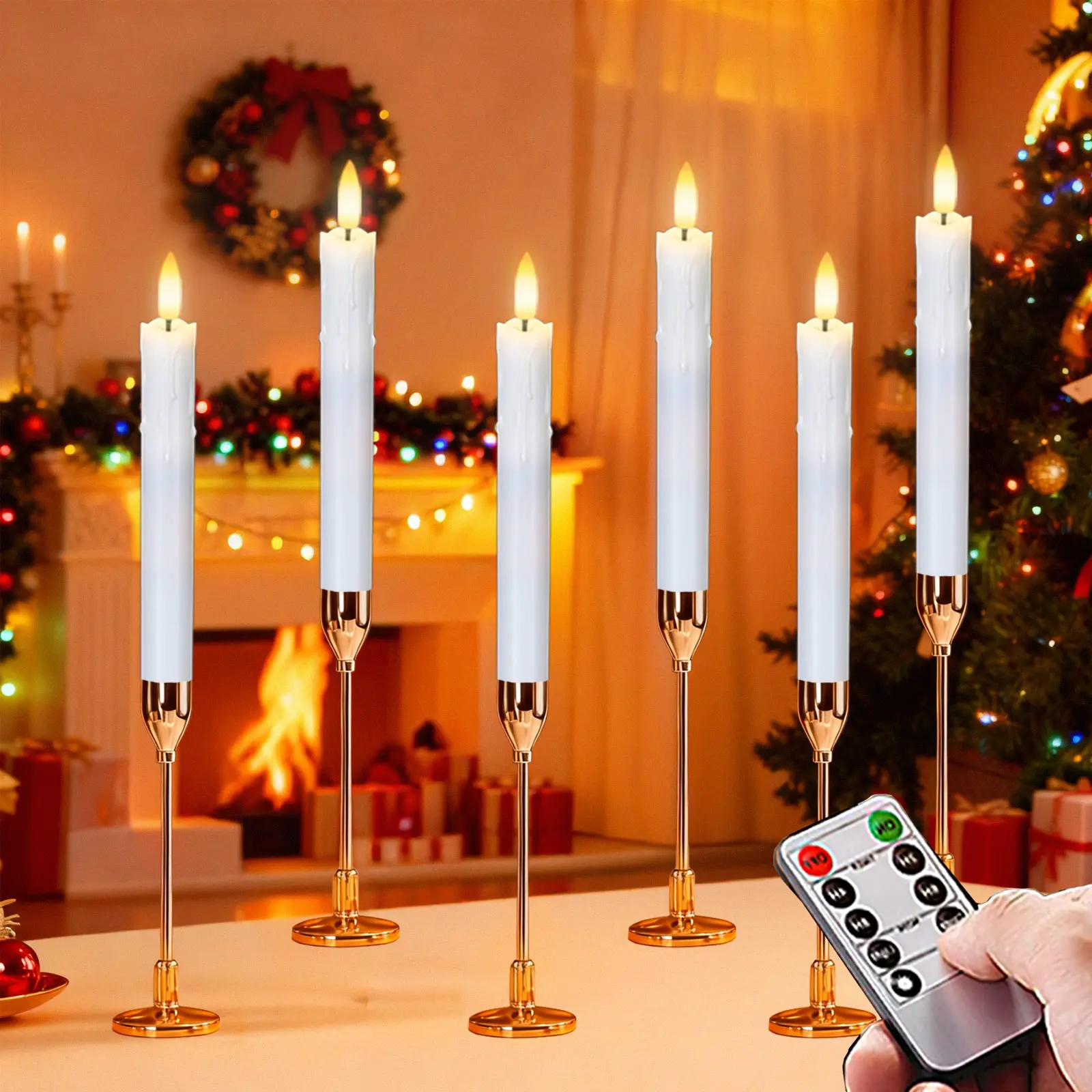Flameless Taper Candles, 6 Pack White Taper Candles Battery Operated, LED Taper Candles with A Key Remote and Warm 3D Wick Light, 6.88 X 0.78 Inch for Christmas Window Mantle Decor
