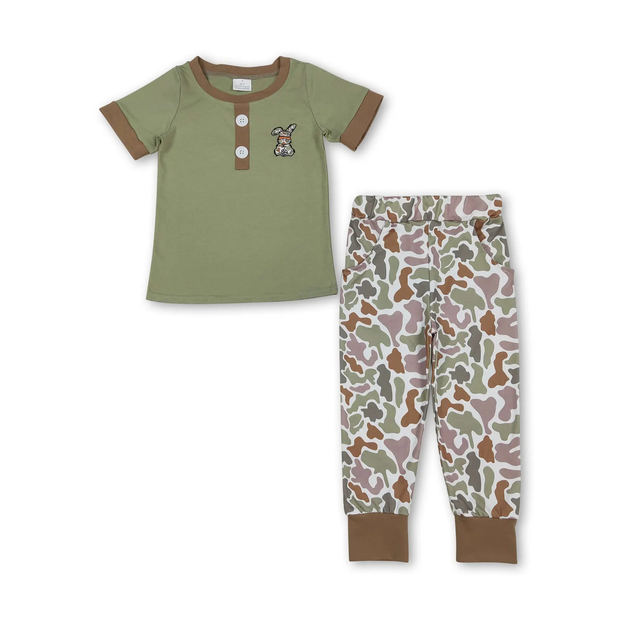 FS Boys' Easter 2-Piece Clothing Set, Green Rabbit Embroidery Spring Pants, BSPO0603, High Quality, Easter-Themed Set, Floral Pattern