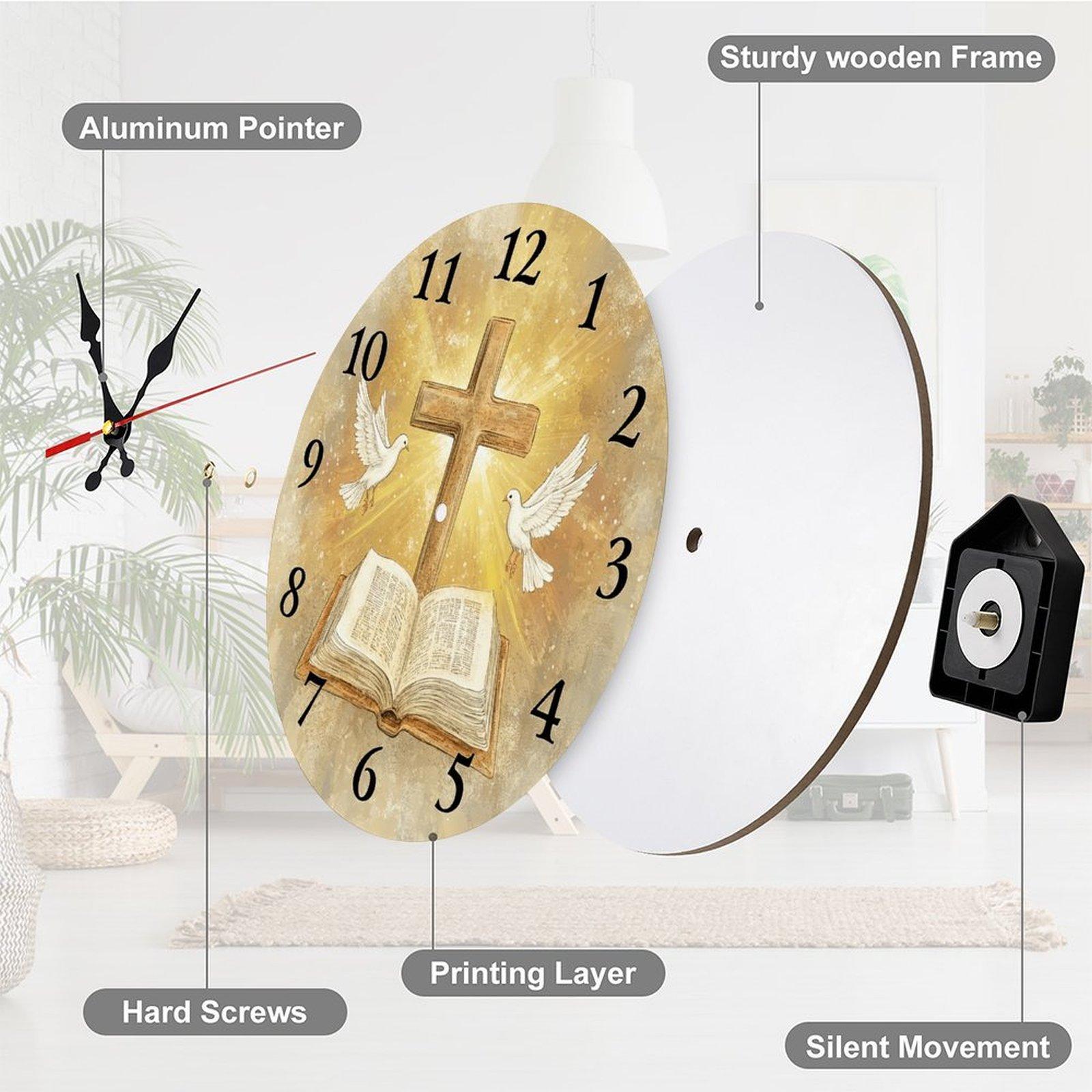 12 Inch Christian Cross Bible Dove Wooden Wall Clock | Silent Non-Ticking Religious Christian Decor, No Battery Included, Perfect for Home, Church, Prayer Room