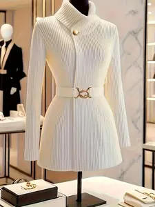 Women's New French Knit Cardigan with Belt, Vertical Striped Sweater Coat, Casual Fashion Pullover for Fall & Winter