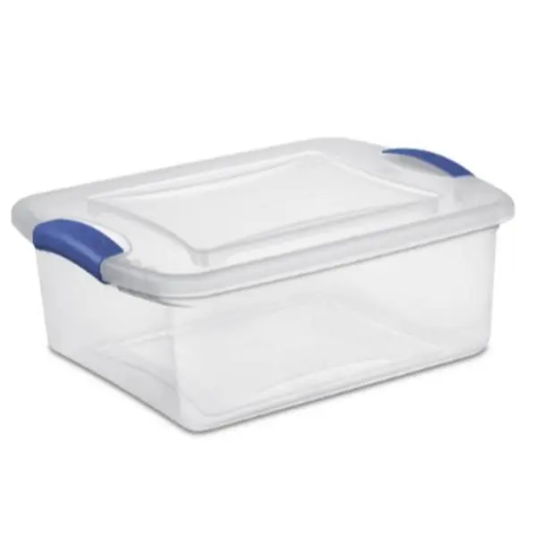 Sterilite 15 Qt Rectangle Small Latching Storage Bin - Clear Plastic Container with Secure Blue Latch Lid - Stackable Organizer for Closet, Kitchen