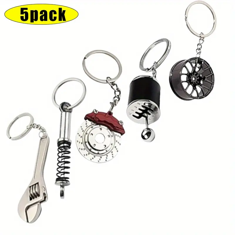 5-Piece Automobile Keychain Set (Metal + Plastic, Fun & Novel Automotive Designs) - Universal Fit, Manual Shifter, Wheel Rim, Spanner, Shock Absorber, Brake Disc Keyrings, Auto Enthusiast Gift, Aids Key Identification, 5 Piece Set