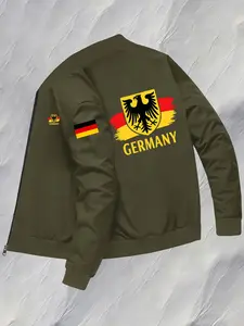 Men's Casual Pilot Jacket, German Flag Print, Zipper Baseball Collar, Polyester Fabric, Fitted Style, Practical Pockets, Zippered Jacket