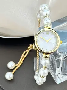 Fashion Faux Pearl Decorated Round Dial Quartz Watch, with Box, Fashion Watch for Party, Daily Decor, Trendy All-match & Exquisite Watch for Birthday Gift