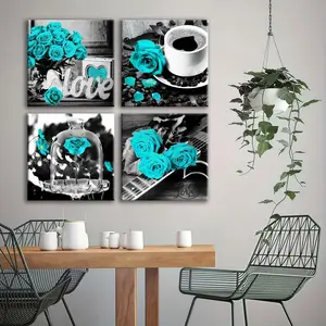 4-count wooden frame canvas, Tiffany blue rose black and white romantic four-panel decorative poster, exquisite living room and bedroom decoration, modern and fashionable family poster, corridor wall hanging painting, waterproof art