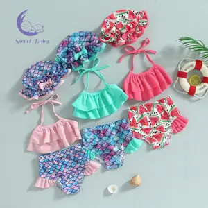 Baby Girl Bikini Swimsuit, Sleeveless Hanging Neck Vest Beach Pool Shorts Swimwear With Hat