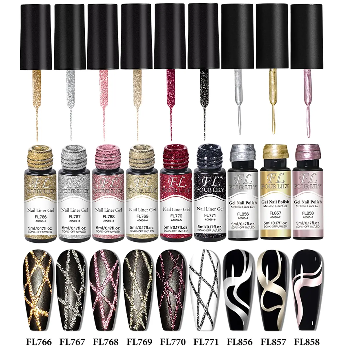FourLily 9-Piece Metal Reflective Glitter Liner Painting Nail Gel Polish Set, UV Gel Nail Polish with Fine Brush, Super Bright French Line Design, French Tips Nails, DIY Manicure Kit for Home & Salon Use, Cosmetic Manicure, Festival Nails, Gel Nail Art