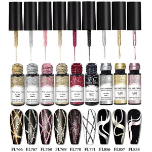 FourLily 9-Piece Metal Reflective Glitter Liner Painting Nail Gel Polish Set, UV Gel Nail Polish with Fine Brush, Super Bright French Line Design, French Tips Nails, DIY Manicure Kit for Home & Salon Use, Festival Nails