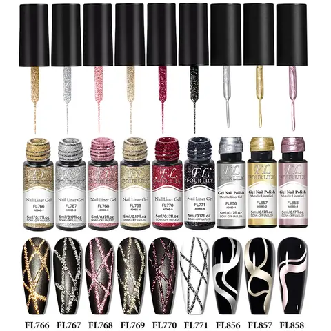 FourLily 9-Piece Metal Reflective Glitter Liner Painting Nail Gel Polish Set, UV Gel Nail Polish with Fine Brush, Gel Shine Finish, Bright French Line Design, DIY Manicure Kit for Home & Salon Use, Festival Nails, Gel Nail Art, Nail Art Products