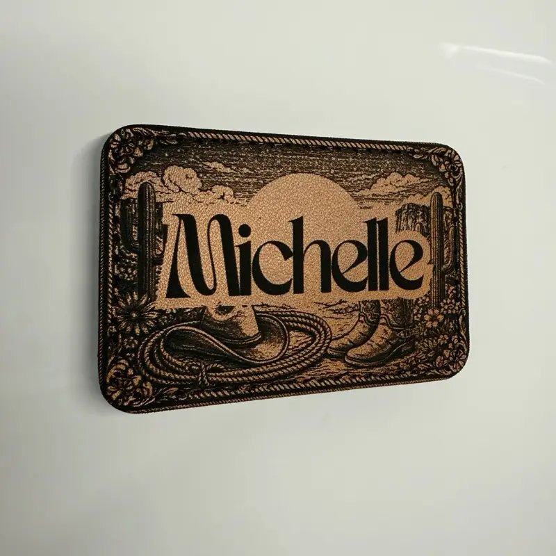Dark Brown Leather Western Print Velcro Name Patch - Customizable 3in x 2in Velcro Bag Accessory with Personalized Name and western design