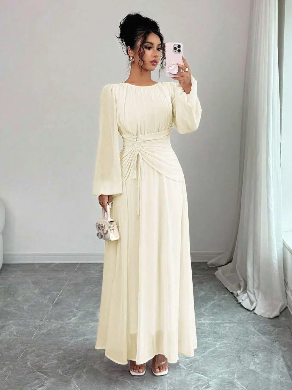 Women's Light Pink Summer Elegant Wedding Ninang Maxi Dress,French Sicily Round Neck Ruched Drawstring A-Line Long Sleeve Office Party Vacation Cloth
