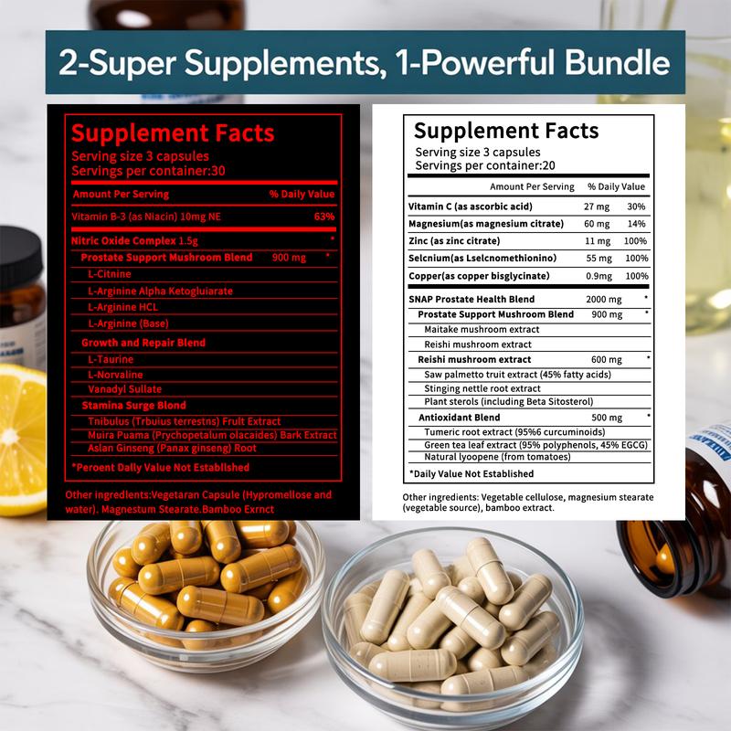 Prostate Support Nitric Oxide Booster Kit, Include Turmeric Root, Mushroom Blend, and Saw Palmetto extracts, Designed to Protect and Support Prostate Healthy - 90 Capsules &60capsules