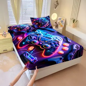3D Neon Game Controller Print Fitted Sheet Set,Including 1 Fitted Sheet & 2 Coreless Pillowcases,Vibrant Gamer Themed Bed Sheet Set,Suitable for Bedroom,Game Room,Dorm,Perfect for Teens & Gaming Enthusiasts, Bedroom Sheets