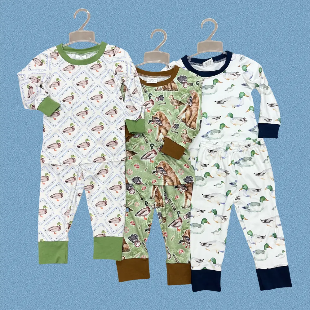 Boys' Long Sleeve Pajama Set, Country Style Mallard Duck Print Sleepwear, Soft Blend Breathable Fabric, Kids Sizes 3-6M to 14-16T, 4T, 10-12T