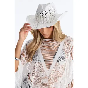Bride In White Straw Cowboy Hat - White