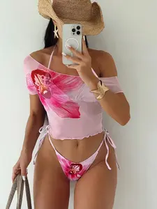 Women's New Print Bow Tie Fashion Casual Vacation Beach Three-Piece Floral Print Bikini Swimsuit, Fitted Style, All Seasons, Fs-Fruits&vegetables Pattern